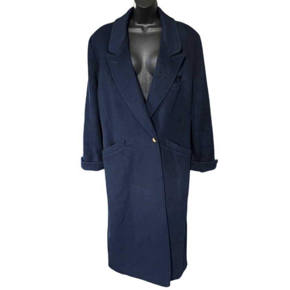 Vintage Ashley Scott Long Wool Overcoat 100% Wool Sz L/XL Navy Blue Gold